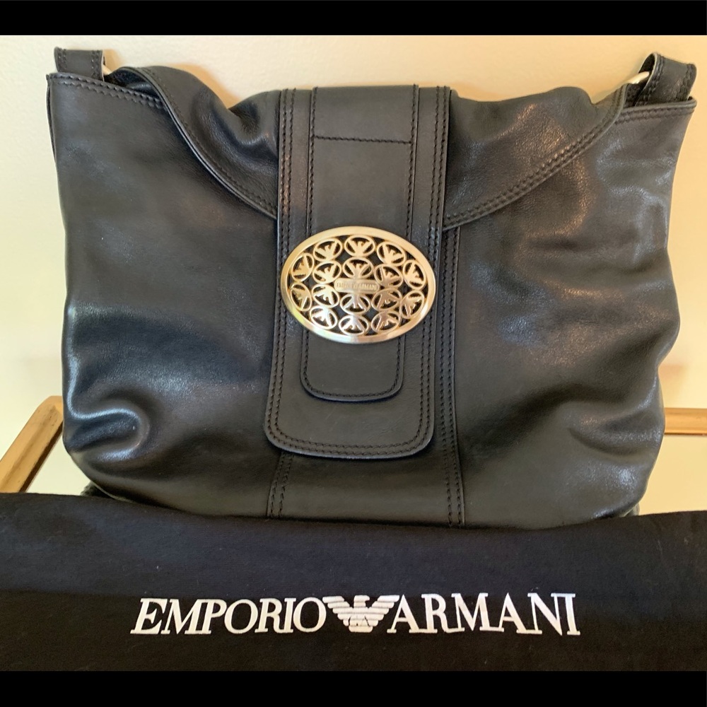 Emporio Armani Black Hobo Bag with Gold Buckle